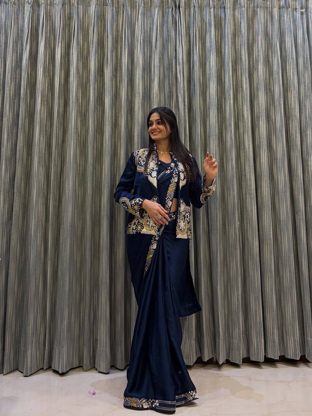 Blue Pre Draped Ready to Wear Saree With Heavy Embroidery Jacket One Minute Saree