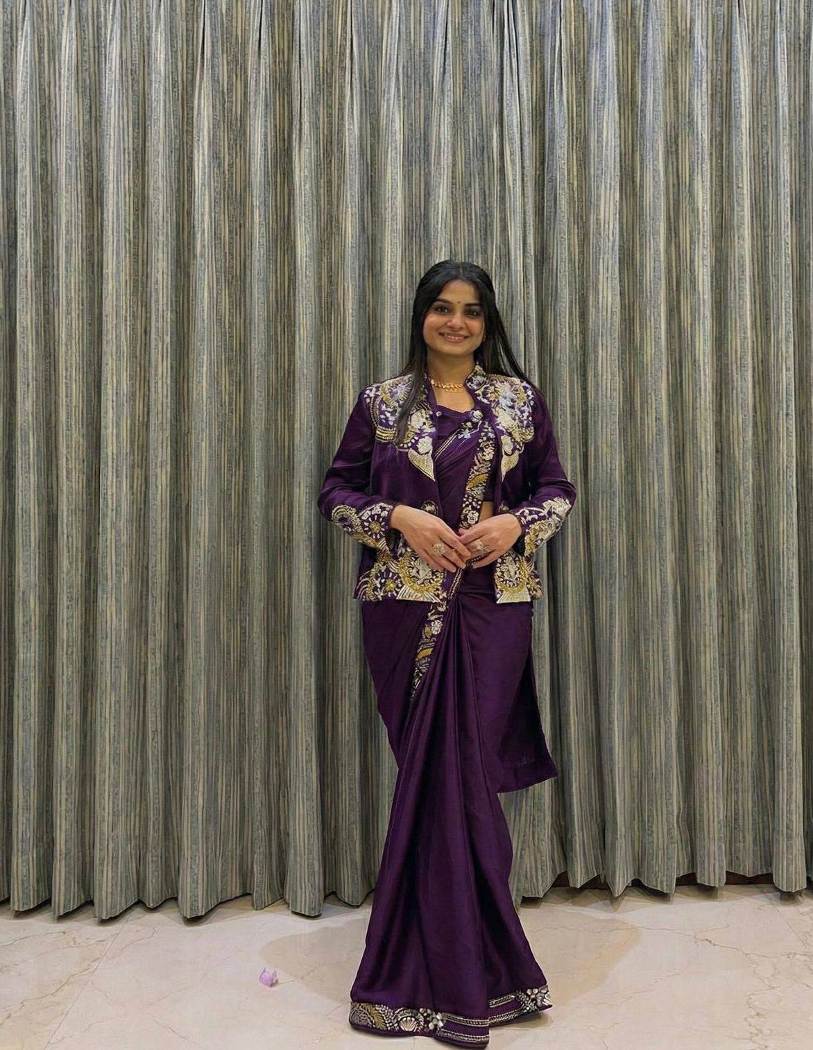 Blue Pre Draped Ready to Wear Saree With Heavy Embroidery Jacket One Minute Saree